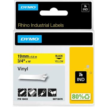 DYMO Rhino industriële Vinyl Labels | 19 mm x 5,5 m | zwarte afdruk op geel | zelfklevende labels voor Rhino &amp; LabelManager labelprinters