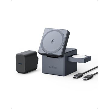 Anker- 3-in-1 Laadkubus met MagSafe- 15 W draadloos maximaal laadvermogen-compatibel met iPhone 14/13/12-serie-Apple Watch serie 1-7/SE-en AirPods Pro/3/2 (inclusief 30 W voeding)