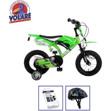 Volare Kinderfiets Motorbike - 12 inch - Groen - Twee handremmen - Met fietshelm &amp; accessoires