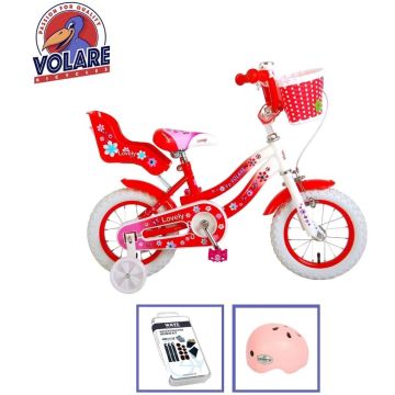 Volare Kinderfiets Lovely - 12 inch - Rood/Wit - Inclusief fietshelm + accessoires