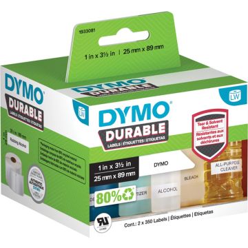 DYMO originele Duurzame LabelWriter labels | 25 mm x 89 mm | Witte Poly | 2 rollen met elk 350 labels (700 zelfklevende etiketten) | Stevige labels voor de LabelWriter labelprinters