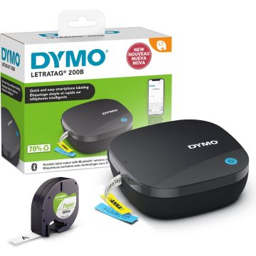 DYMO LetraTag 200B labelprinter met bluetooth | Compacte labelmaker | Verbinding via draadloze bluetoothtechnologie met iOS en Android | Inclusief 1 witte papieren etikette