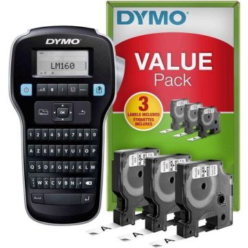 DYMO LabelManager 160 Labelprinter startpakket | Handheld Label Maker Machine | met 3 rollen Dymo D1 labeltape AZERTY-toetsenbord | Ideaal voor kantoor of thuis