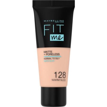 Maybelline New York - Fit Me Matte + Poreless Foundation - 128 Warm Nude - Medium Dekkende Foundation met Matte Finish voor de Normale tot Vette Huid - 30 ml