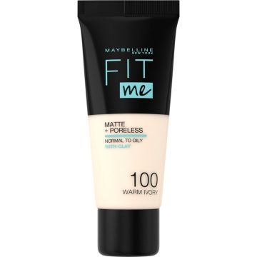 Maybelline New York - Fit Me Matte + Poreless Foundation - 100 Warm Ivory - Medium Dekkende Foundation met Matte Finish voor de Normale tot Vette Huid - 30 ml