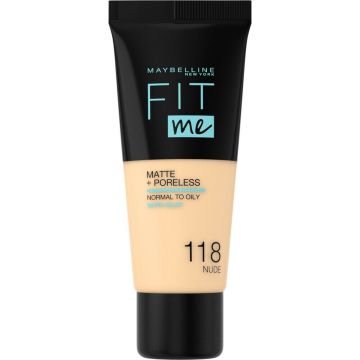 Maybelline New York - Fit Me Matte + Poreless Foundation - 118 Nude - Medium Dekkende Foundation met Matte Finish voor de Normale tot Vette Huid - 30 ml