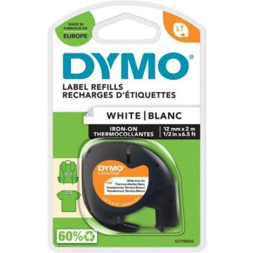 DYMO LetraTag originel opstrijkbare textiellabels | 12 mm x 2 m rol | Zwart afdrukken op witte etiketten | Strijkband voor LetraTag labelprinters