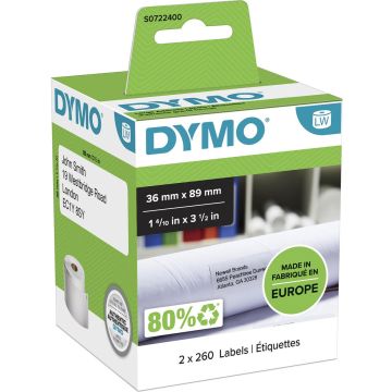 DYMO originele grote LabelWriter adreslabels | 36 mm x 89 mm | 2 rollen met elk 260 labels (520 zelfklevende etiketten) | Geschikt voor de LabelWriter labelprinters | Gemaakt in Europa