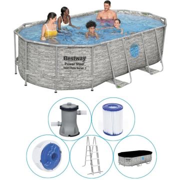 Bestway - Power Steel Swim Vista - Opzetzwembad inclusief filterpomp en accessoires - 427x250x100 cm - Steenprint - Ovaal