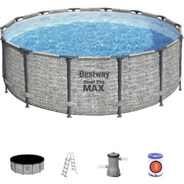 Bestway - Steel Pro MAX - Opzetzwembad inclusief filterpomp en accessoires- 427x122 cm - Steenprint - Rond