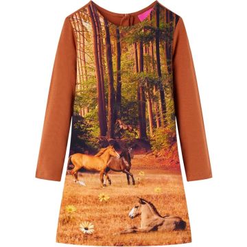 vidaXL-Kinderjurk-met-lange-mouwen-paardenprint-128-cognackleurig