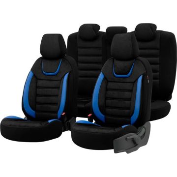 Universele Suede/Leder/Stoffen Stoelhoezenset 'Iconic' Zwart/Blauw - 11-delig - geschikt voor Side-Airbags