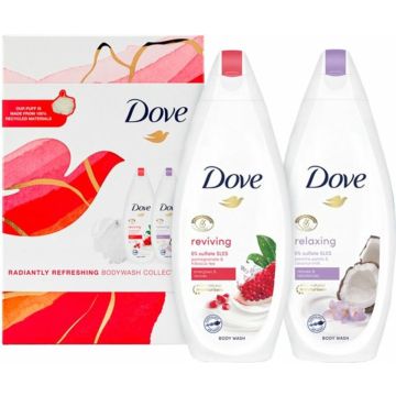 Dove Radiantly Refreshing Reviving Body Wash 225 ml + Ontspannende Body Wash 225 ml + Douche Puff 1 set