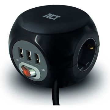 ACT Stekkerdoos Kubus | 3 Sockets | 3x USB-A | Zwart | 1,5 meter - AC2400