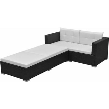 vidaXL 3-delige Loungeset met kussens poly rattan zwart