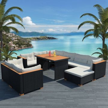 vidaXL 10-delige Loungeset met kussens poly rattan zwart