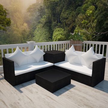 vidaXL 4-delige Loungeset met kussens poly rattan zwart