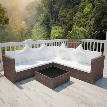 vidaXL 4-delige Loungeset met kussens poly rattan bruin