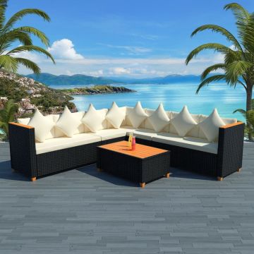 vidaXL 5-delige Loungeset met kussens poly rattan zwart