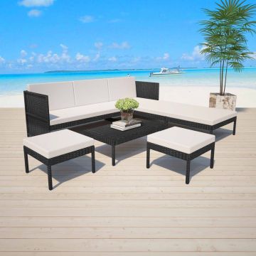 vidaXL 6-delige Loungeset met kussens poly rattan zwart