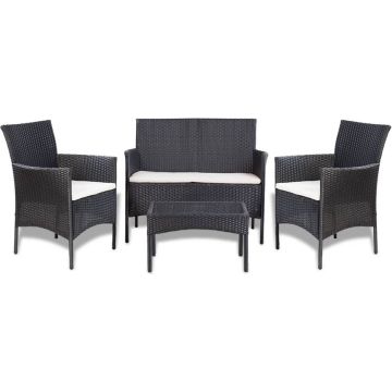 vidaXL 4-delige Loungeset met kussens poly rattan zwart