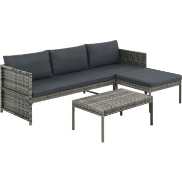 vidaXL 3-delige Loungeset met kussens poly rattan grijs