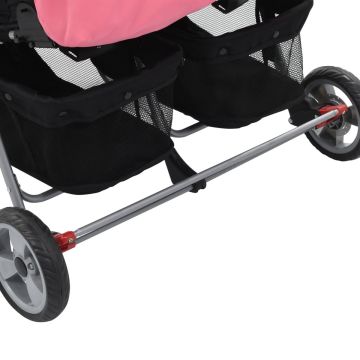 vidaXL Tweelingkinderwagen staal roze en zwart