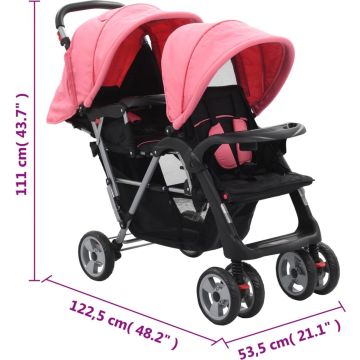 vidaXL Kinderwagen dubbel staal roze en zwart