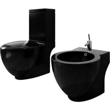 vidaXL Staand toilet en bidet set (zwart)