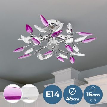 GoodVibes - Plafondlamp met Bladerdesign - Plafonnière - Ø45cm - Chroom - Voor Woonkamer/SlaapkamerEetkamer of Keuken - Lila