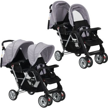 vidaXL Kinderwagen dubbel staal grijs en zwart