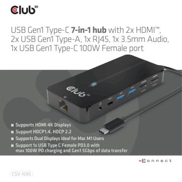 CLUB3D Type-C 7-in-1 hub met 2x HDMI, 2x USB Gen1 Type-A, 1x RJ45, 1x 3.5mm Audio,1x USB Gen1 Type-C 100W Silicon motion chip geschikt voor apple m1/2, USB 3.2 Gen 1 (3.1 Gen 1) Type-C, 100 W, 10,100,1000 Mbit/s, Zwart, 4K Ultra HD, 60 Hz