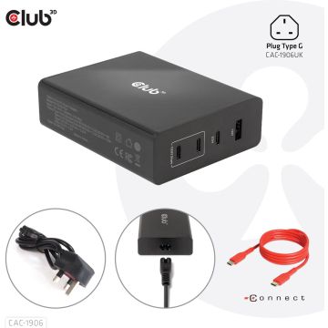 CLUB3D Travel Charger 132W GAN technology, Four port USB Type-A and -C, Power Delivery(PD) 3.0 Support, Binnen, DC, Zwart