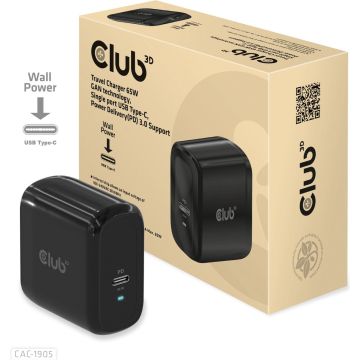 CLUB3D Travel Charger 65W GAN technology, Single port USB Type-C, Power Delivery(PD) 3.0 Support ( geschikt voor Apple macbooks 65W max)