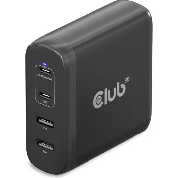 CLUB3D Travel Charger 100W GaN technology, Four port USB Type-A(2x) and -C(2x), Power Delivery(PD) 3.0 Support, Binnen, AC, Zwart