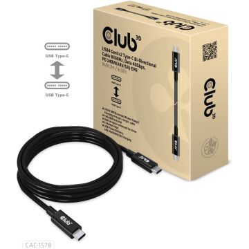 CLUB3D USB4 Gen3x2 Type-C Bi-Directional Cable 8K60Hz, Data 40Gbps, PD 240W(48V/5A) EPR M/M 2m / 6.56ft, 2 m, USB C, USB C, USB4 Gen 3x2, 40000 Mbit/s, Zwart