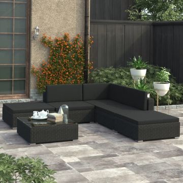 vidaXL 6-delige Loungeset met kussens poly rattan zwart