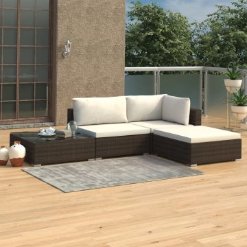 vidaXL 4-delige Loungeset met kussens poly rattan bruin