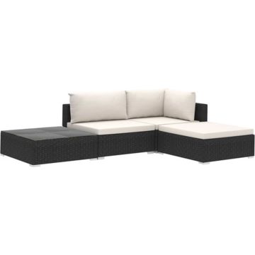 vidaXL 4-delige Loungeset met kussens poly rattan zwart