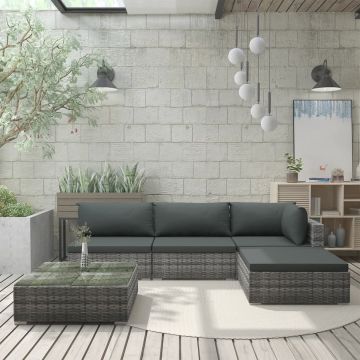 vidaXL 5-delige Loungeset met kussens poly rattan grijs