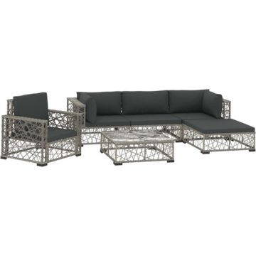 vidaXL 6-delige Loungeset met kussens poly rattan grijs