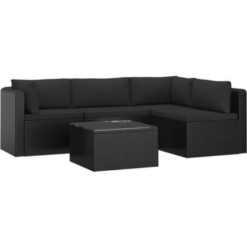 vidaXL 5-delige Loungeset met kussens poly rattan zwart