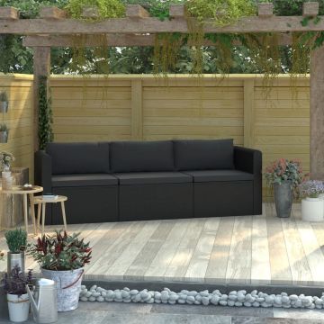 vidaXL 3-delige Loungeset met kussens poly rattan zwart