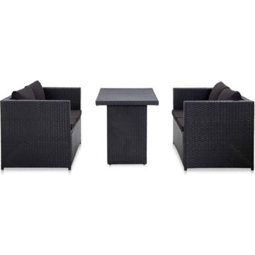 vidaXL 3-delige Loungeset met kussens poly rattan zwart