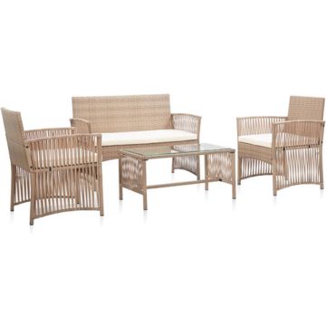 vidaXL 4-delige Loungeset met kussens poly rattan beige