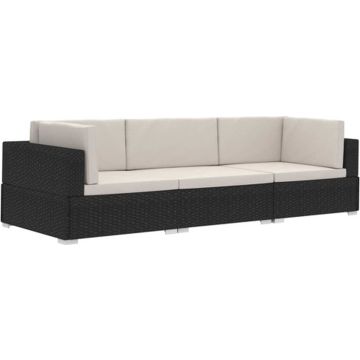 vidaXL 3-delige Loungeset met kussens poly rattan zwart