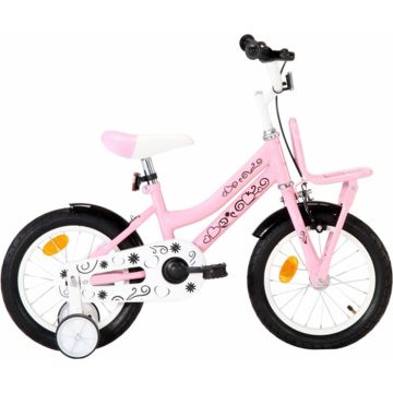 vidaXL Kinderfiets met voordrager 14 inch wit en roze