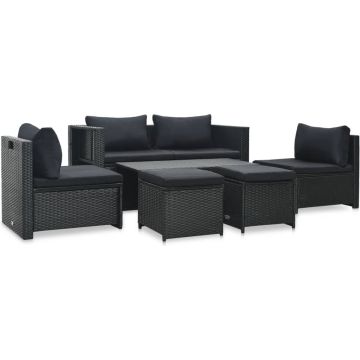 vidaXL 6-delige Loungeset met kussens poly rattan zwart