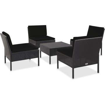 vidaXL 5-delige Loungeset met kussens poly rattan zwart