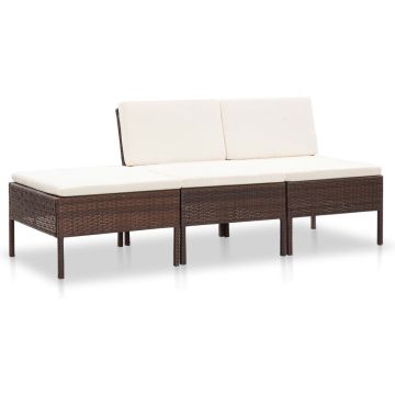 vidaXL 3-delige Loungeset met kussens poly rattan bruin